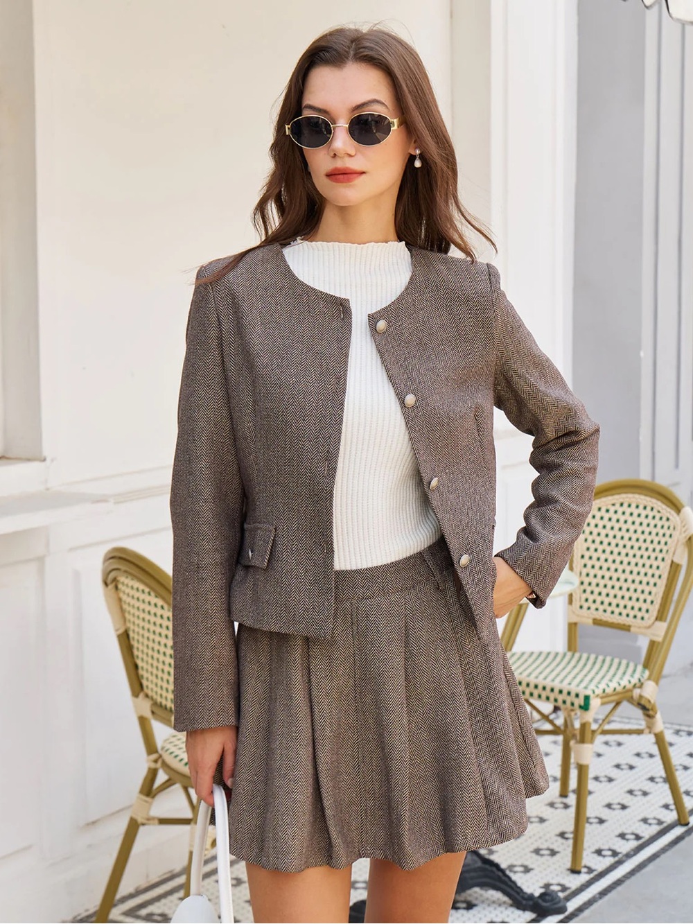 RIHOAS Brown Tweed Two-Piece Jacket and Skirt Set
